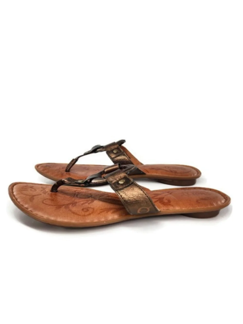 Born Bronze Metallic Leather Ring Accent Flat Slide-On Post-Toe Thong Sandals